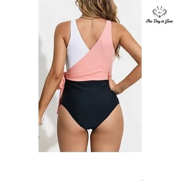 Felnart V Neck Color Block Wrap One Piece - Picture 2 of 5